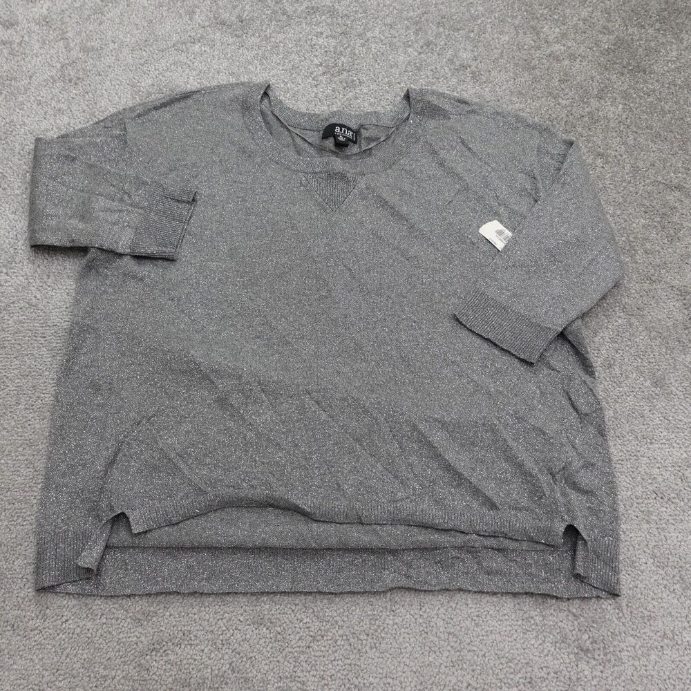 A.N.A. A New Approach Sweater Womens LP Gray Metallic Crew Neck Pullover NWT New
